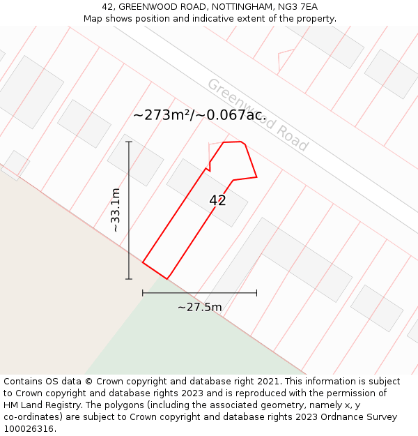 42, GREENWOOD ROAD, NOTTINGHAM, NG3 7EA: Plot and title map