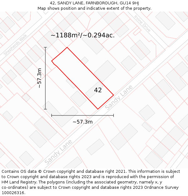 42, SANDY LANE, FARNBOROUGH, GU14 9HJ: Plot and title map