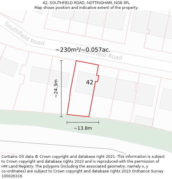 42, SOUTHFIELD ROAD, NOTTINGHAM, NG8 3PL: Plot and title map