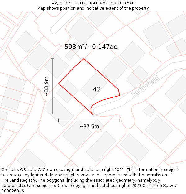 42, SPRINGFIELD, LIGHTWATER, GU18 5XP: Plot and title map