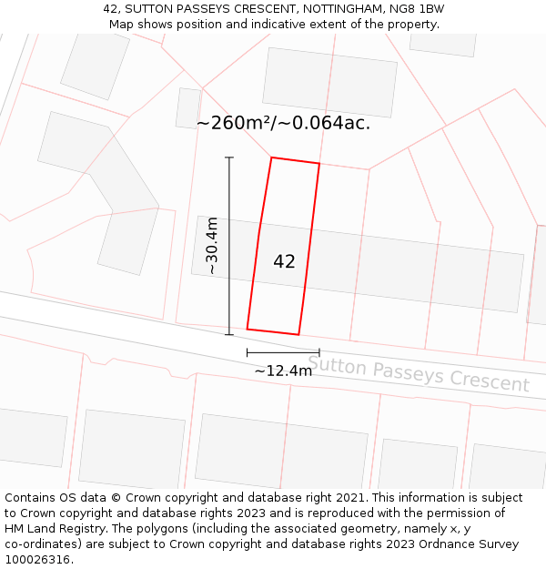42, SUTTON PASSEYS CRESCENT, NOTTINGHAM, NG8 1BW: Plot and title map
