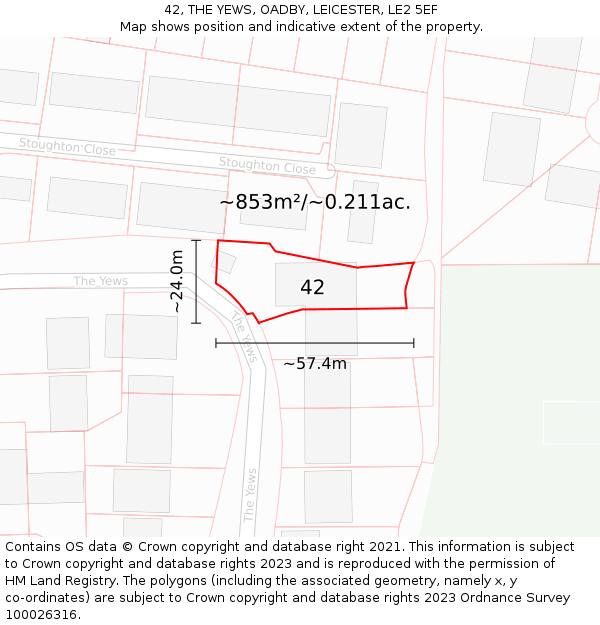 42, THE YEWS, OADBY, LEICESTER, LE2 5EF: Plot and title map