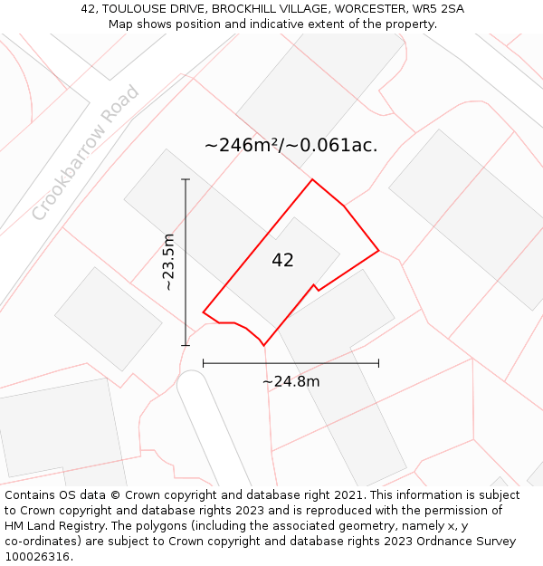42, TOULOUSE DRIVE, BROCKHILL VILLAGE, WORCESTER, WR5 2SA: Plot and title map