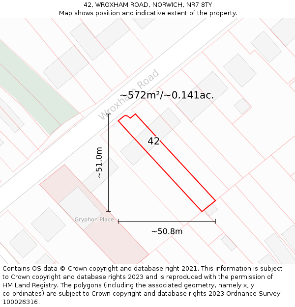 42, WROXHAM ROAD, NORWICH, NR7 8TY: Plot and title map