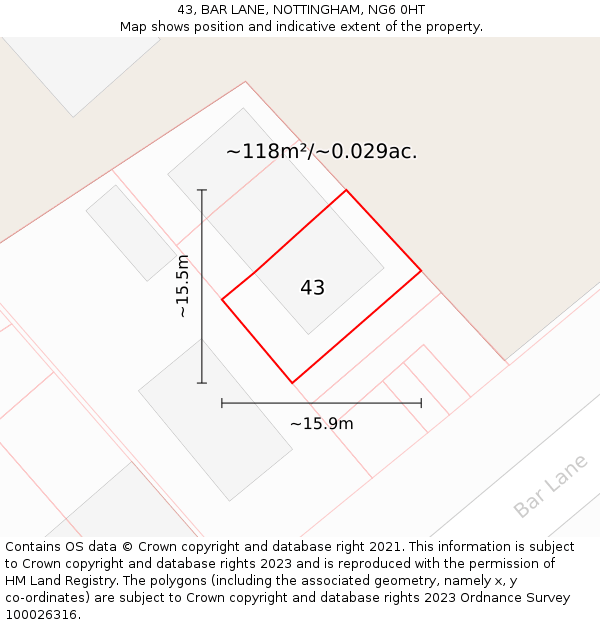 43, BAR LANE, NOTTINGHAM, NG6 0HT: Plot and title map