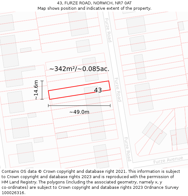 43, FURZE ROAD, NORWICH, NR7 0AT: Plot and title map