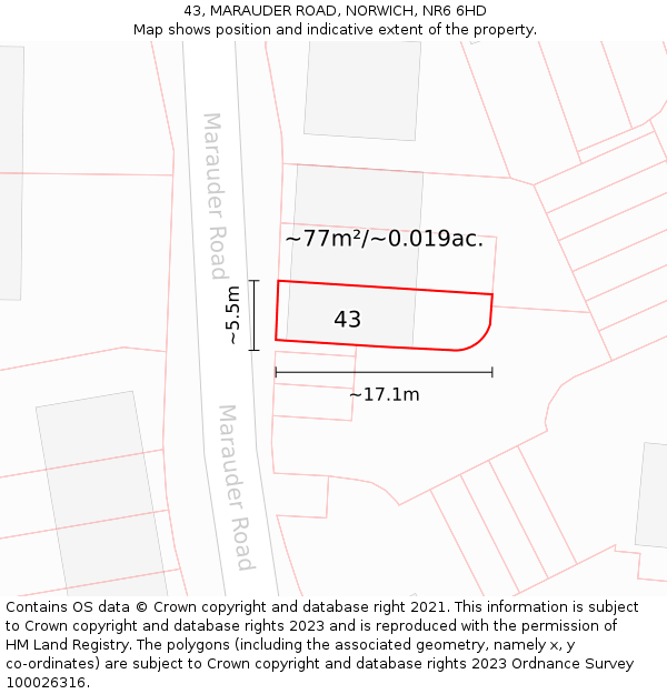 43, MARAUDER ROAD, NORWICH, NR6 6HD: Plot and title map