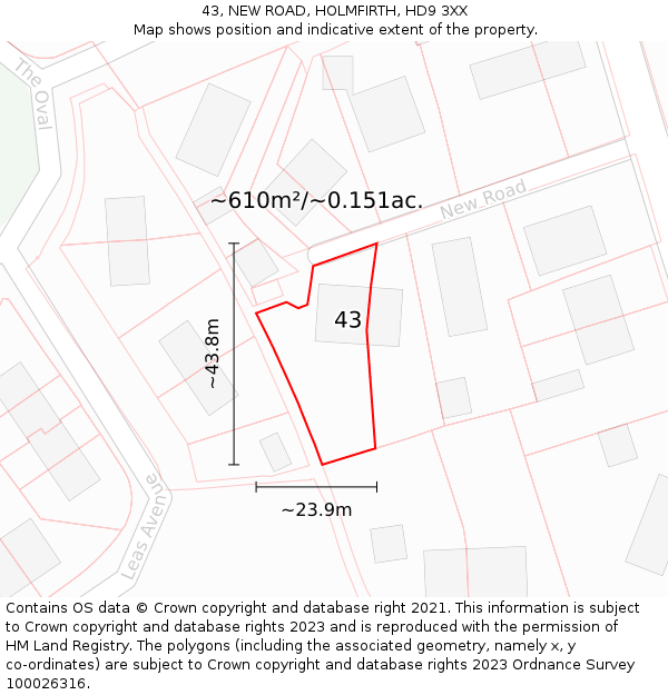 43, NEW ROAD, HOLMFIRTH, HD9 3XX: Plot and title map