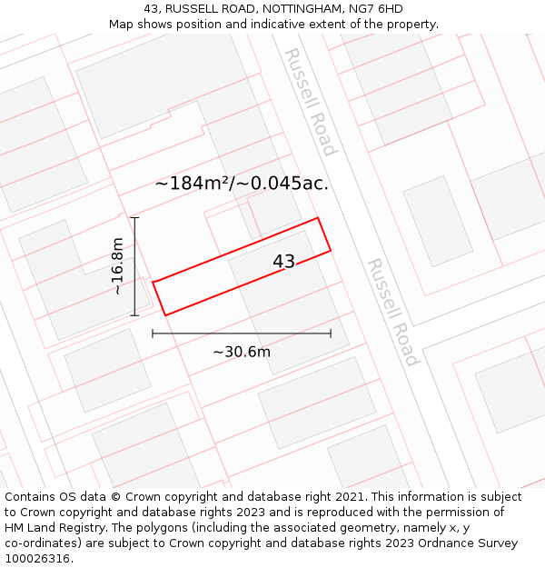 43, RUSSELL ROAD, NOTTINGHAM, NG7 6HD: Plot and title map