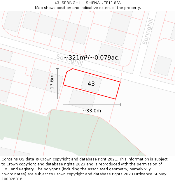 43, SPRINGHILL, SHIFNAL, TF11 8FA: Plot and title map