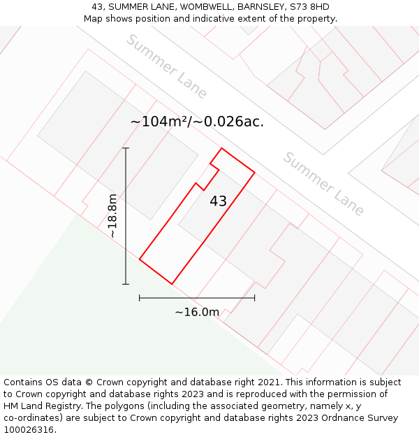 43, SUMMER LANE, WOMBWELL, BARNSLEY, S73 8HD: Plot and title map