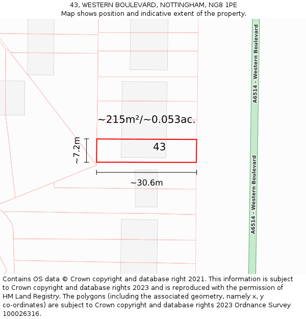 43, WESTERN BOULEVARD, NOTTINGHAM, NG8 1PE: Plot and title map