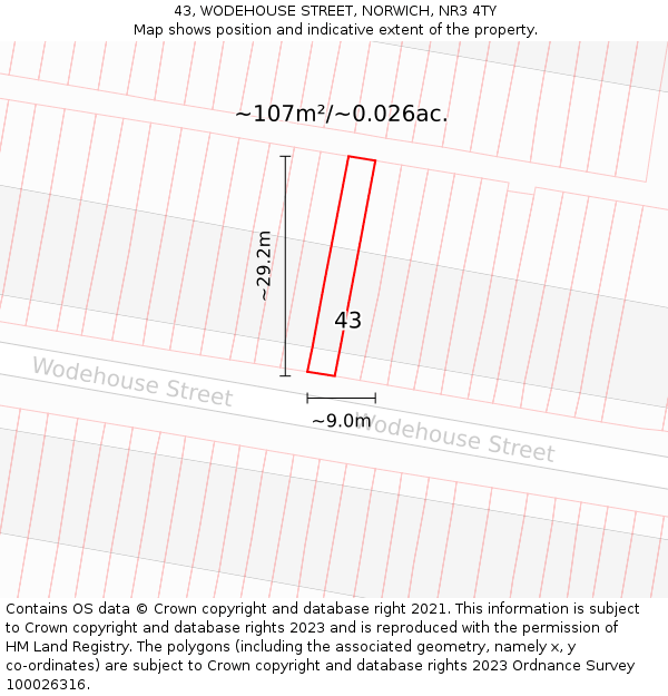 43, WODEHOUSE STREET, NORWICH, NR3 4TY: Plot and title map