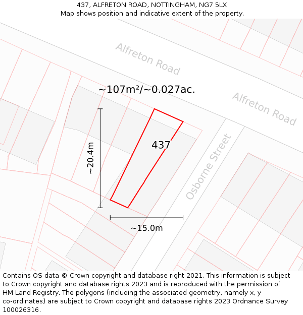 437, ALFRETON ROAD, NOTTINGHAM, NG7 5LX: Plot and title map