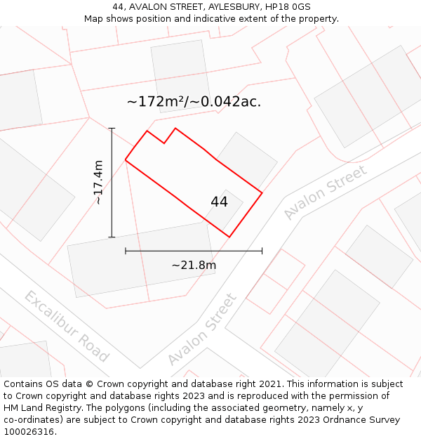 44, AVALON STREET, AYLESBURY, HP18 0GS: Plot and title map
