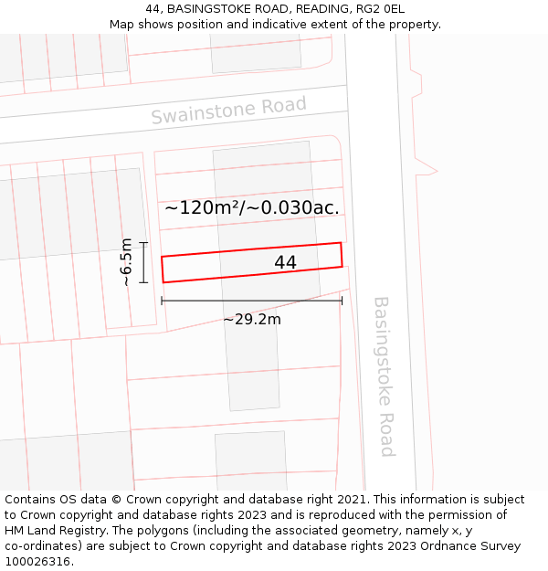 44, BASINGSTOKE ROAD, READING, RG2 0EL: Plot and title map