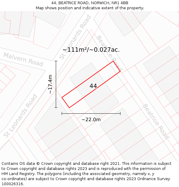 44, BEATRICE ROAD, NORWICH, NR1 4BB: Plot and title map