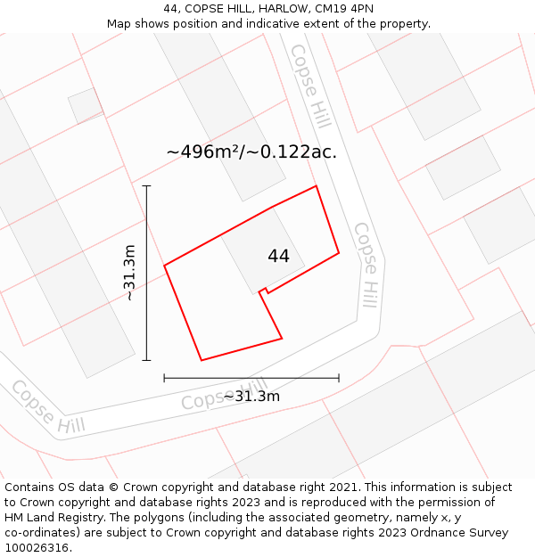44, COPSE HILL, HARLOW, CM19 4PN: Plot and title map