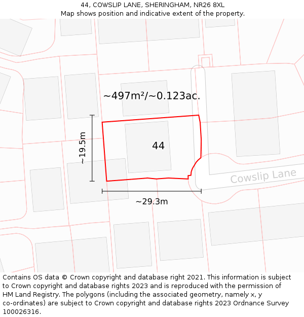 44, COWSLIP LANE, SHERINGHAM, NR26 8XL: Plot and title map