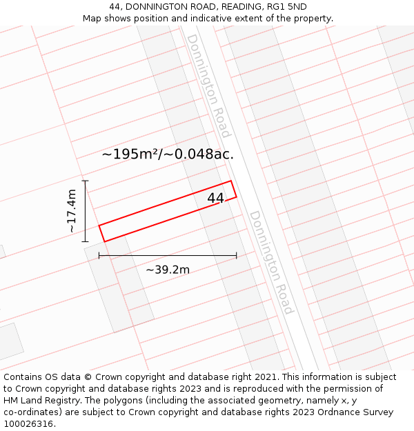 44, DONNINGTON ROAD, READING, RG1 5ND: Plot and title map