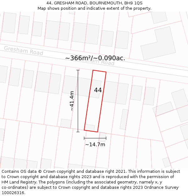 44, GRESHAM ROAD, BOURNEMOUTH, BH9 1QS: Plot and title map