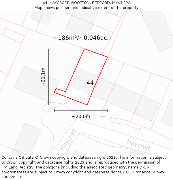 44, HAYCROFT, WOOTTON, BEDFORD, MK43 9PA: Plot and title map