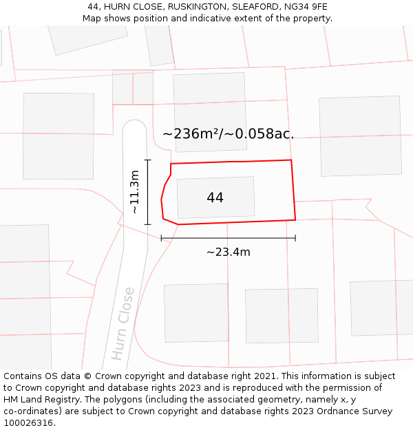 44, HURN CLOSE, RUSKINGTON, SLEAFORD, NG34 9FE: Plot and title map