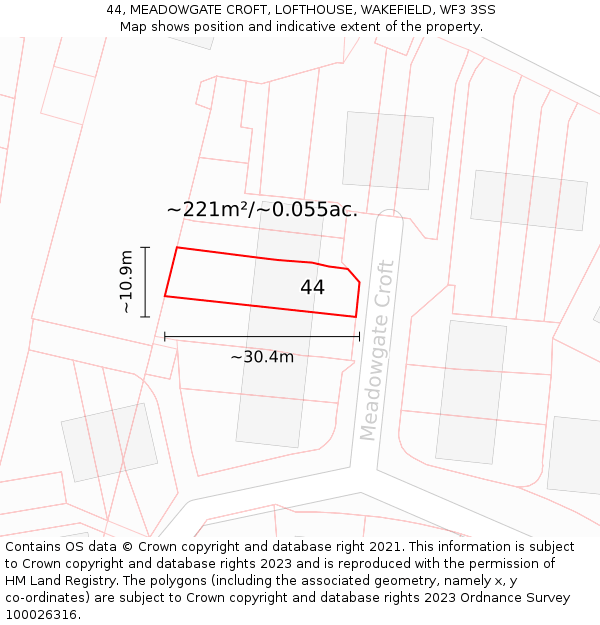 44, MEADOWGATE CROFT, LOFTHOUSE, WAKEFIELD, WF3 3SS: Plot and title map
