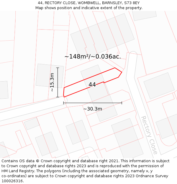 44, RECTORY CLOSE, WOMBWELL, BARNSLEY, S73 8EY: Plot and title map