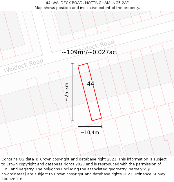 44, WALDECK ROAD, NOTTINGHAM, NG5 2AF: Plot and title map