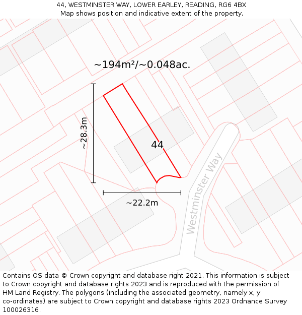 44, WESTMINSTER WAY, LOWER EARLEY, READING, RG6 4BX: Plot and title map