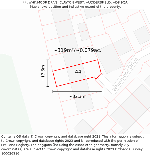 44, WHINMOOR DRIVE, CLAYTON WEST, HUDDERSFIELD, HD8 9QA: Plot and title map