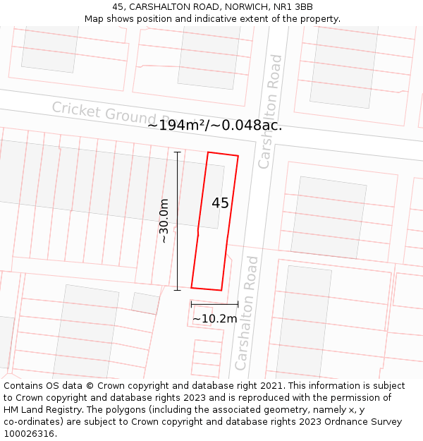 45, CARSHALTON ROAD, NORWICH, NR1 3BB: Plot and title map