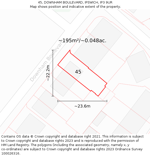 45, DOWNHAM BOULEVARD, IPSWICH, IP3 9UR: Plot and title map
