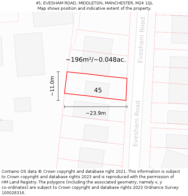 45, EVESHAM ROAD, MIDDLETON, MANCHESTER, M24 1QL: Plot and title map