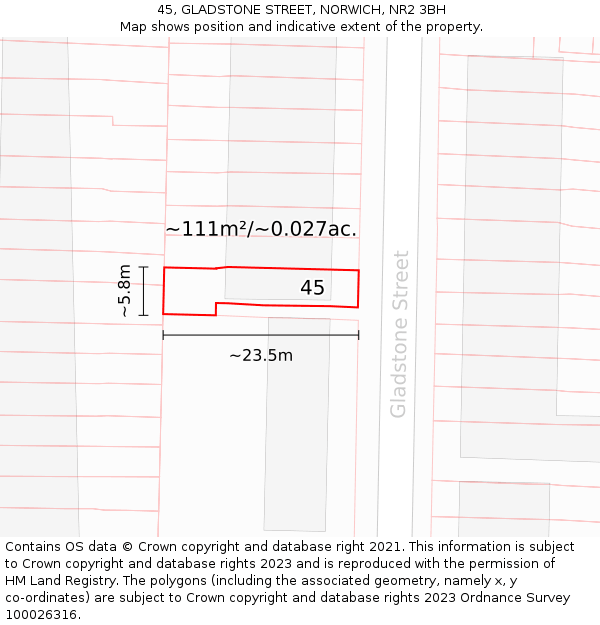 45, GLADSTONE STREET, NORWICH, NR2 3BH: Plot and title map