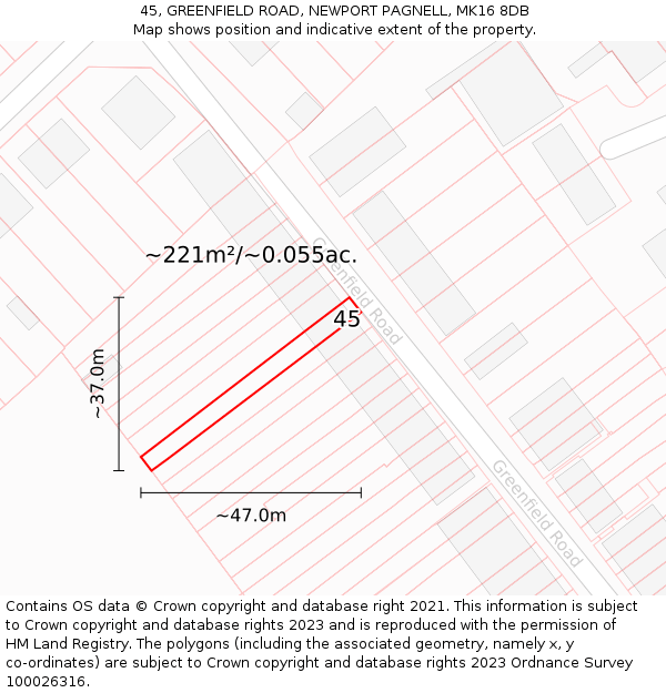 45, GREENFIELD ROAD, NEWPORT PAGNELL, MK16 8DB: Plot and title map