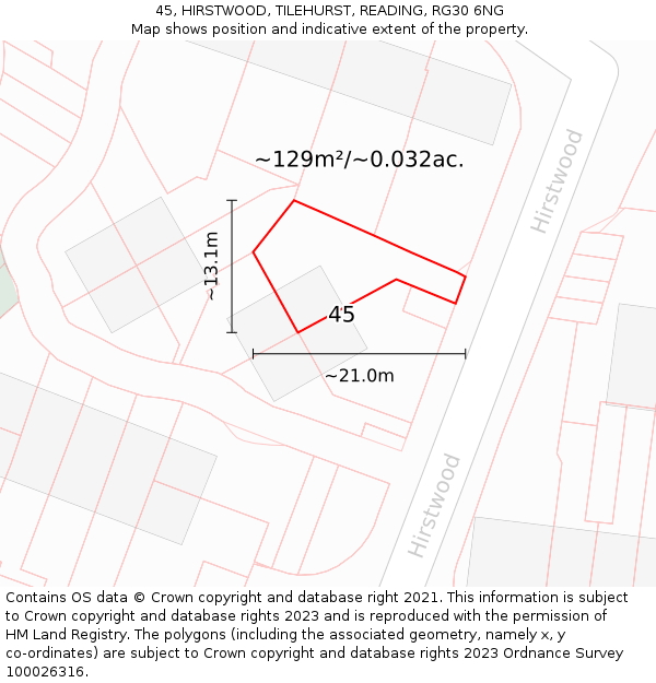 45, HIRSTWOOD, TILEHURST, READING, RG30 6NG: Plot and title map