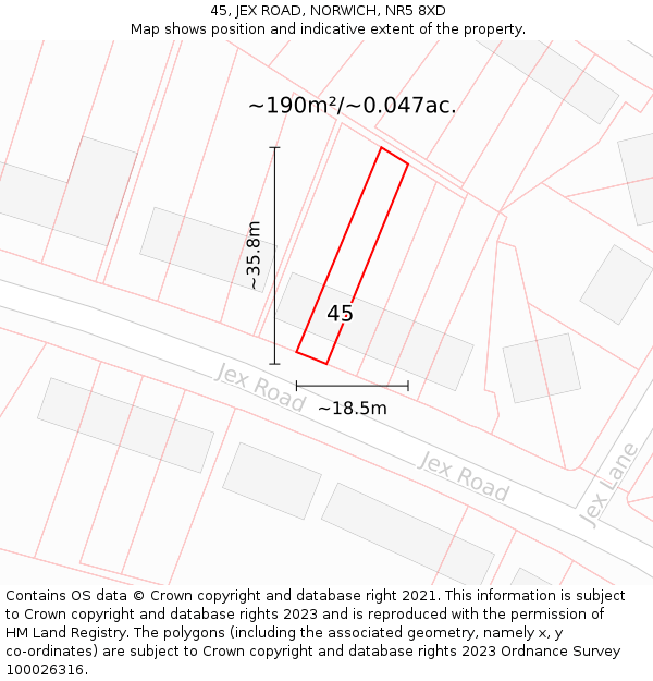 45, JEX ROAD, NORWICH, NR5 8XD: Plot and title map