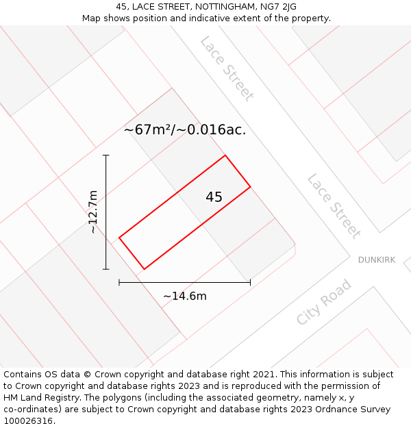 45, LACE STREET, NOTTINGHAM, NG7 2JG: Plot and title map