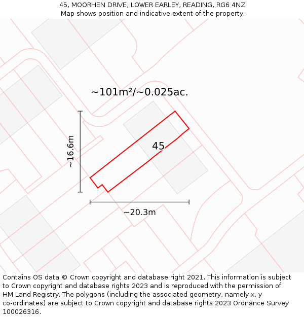 45, MOORHEN DRIVE, LOWER EARLEY, READING, RG6 4NZ: Plot and title map