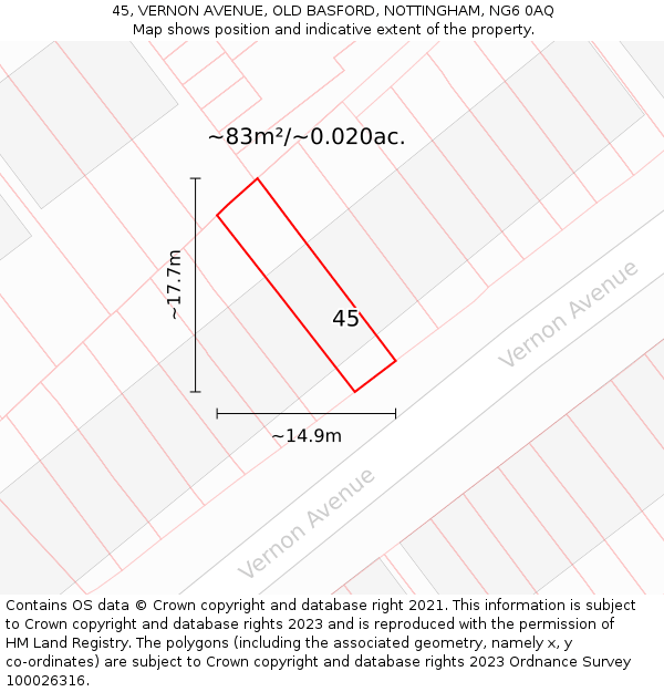 45, VERNON AVENUE, OLD BASFORD, NOTTINGHAM, NG6 0AQ: Plot and title map