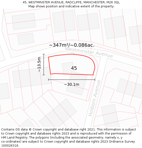 45, WESTMINSTER AVENUE, RADCLIFFE, MANCHESTER, M26 3QL: Plot and title map