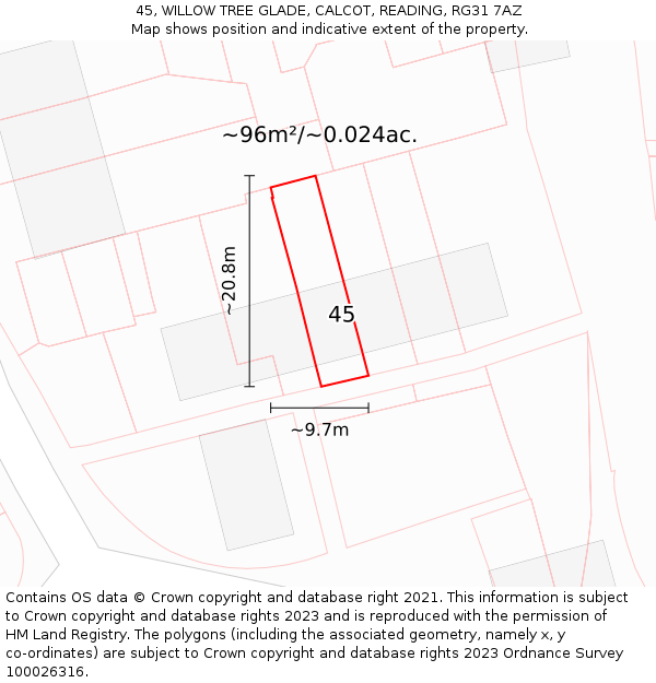 45, WILLOW TREE GLADE, CALCOT, READING, RG31 7AZ: Plot and title map