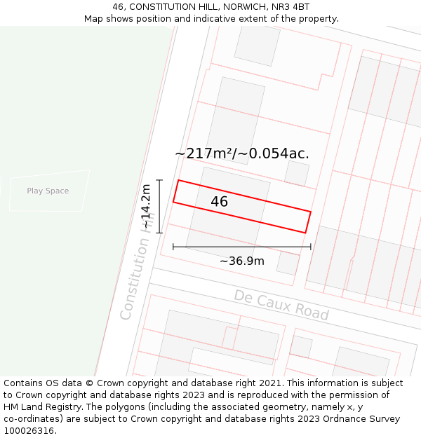 46, CONSTITUTION HILL, NORWICH, NR3 4BT: Plot and title map