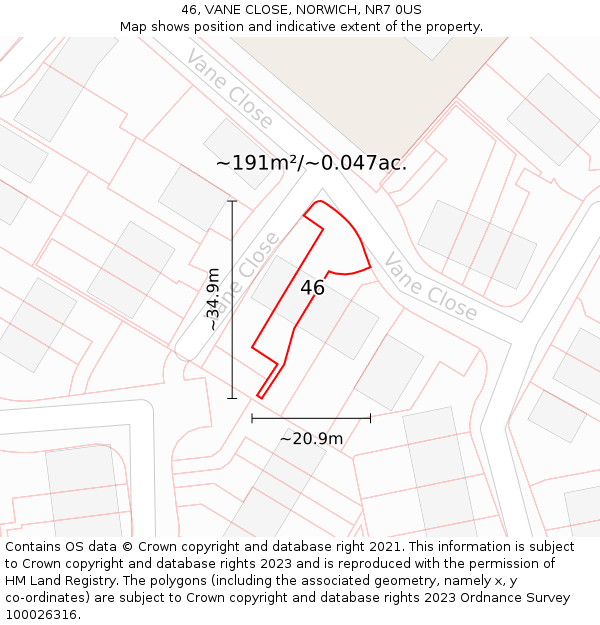 46, VANE CLOSE, NORWICH, NR7 0US: Plot and title map