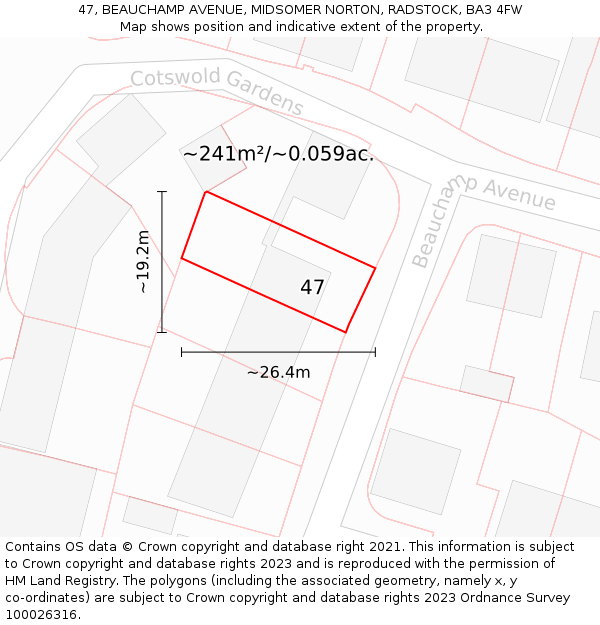 47, BEAUCHAMP AVENUE, MIDSOMER NORTON, RADSTOCK, BA3 4FW: Plot and title map