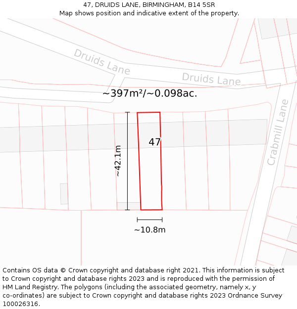 47, DRUIDS LANE, BIRMINGHAM, B14 5SR: Plot and title map