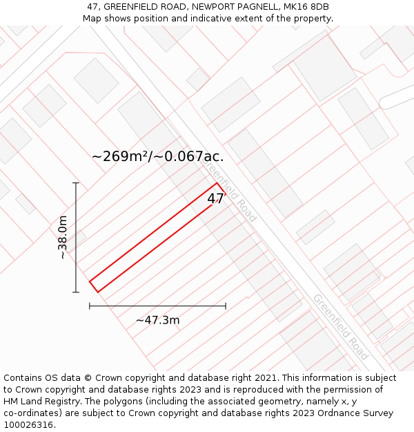 47, GREENFIELD ROAD, NEWPORT PAGNELL, MK16 8DB: Plot and title map