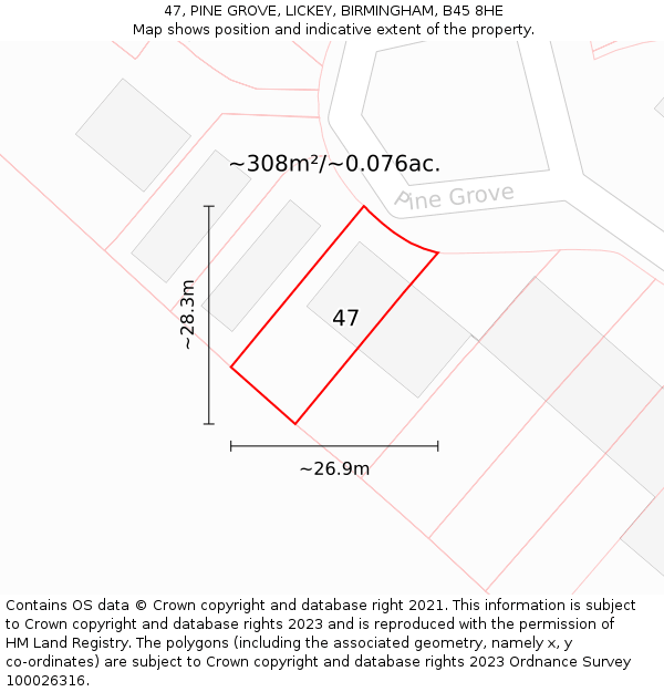 47, PINE GROVE, LICKEY, BIRMINGHAM, B45 8HE: Plot and title map